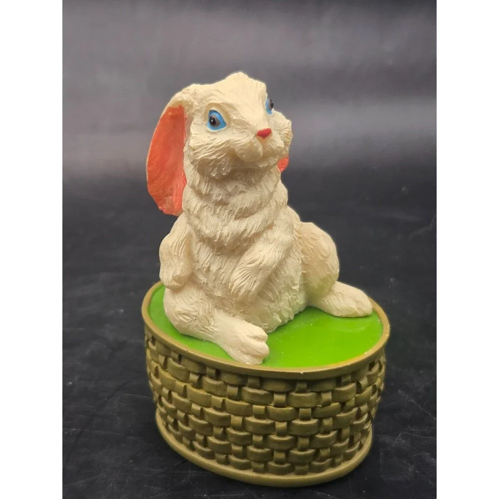 Vintage Bunny Rabbit On Top of a Basket Trinket Box Figurine White Rabbit